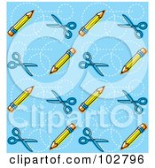 Royalty Free RF Clipart Illustration Of A Blue Background With Scissors And Pencils by Cory Thoman