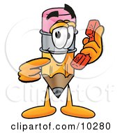 Pencil Mascot Cartoon Character Holding A Telephone
