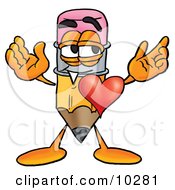 Pencil Mascot Cartoon Character With His Heart Beating Out Of His Chest