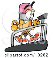 Pencil Mascot Cartoon Character Walking On A Treadmill In A Fitness Gym