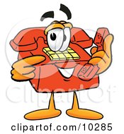 Red Telephone Mascot Cartoon Character Holding A Telephone