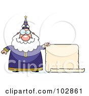 Royalty Free RF Clipart Illustration Of A Chubby Wizard Holding A Blank Scroll Sign by Cory Thoman