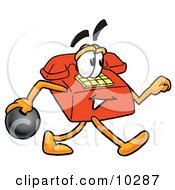 Poster, Art Print Of Red Telephone Mascot Cartoon Character Holding A Bowling Ball