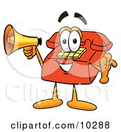 Poster, Art Print Of Red Telephone Mascot Cartoon Character Holding A Megaphone
