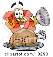 Poster, Art Print Of Red Telephone Mascot Cartoon Character Serving A Thanksgiving Turkey On A Platter