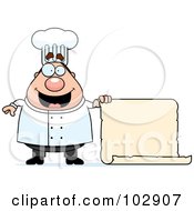 Chubby Culinary Chef Holding A Blank Scroll Menu