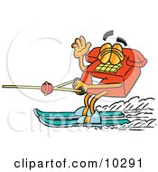 Red Telephone Mascot Cartoon Character Waving While Water Skiing