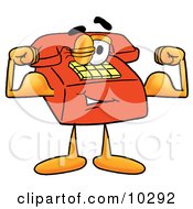 Poster, Art Print Of Red Telephone Mascot Cartoon Character Flexing His Arm Muscles