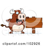 Poster, Art Print Of Happy Bull Standing By A Wood Sign