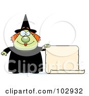 Chubby Witch Holding A Blank Scroll Sign