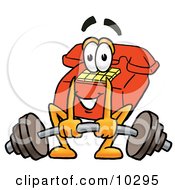 Poster, Art Print Of Red Telephone Mascot Cartoon Character Lifting A Heavy Barbell