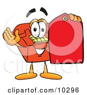 Poster, Art Print Of Red Telephone Mascot Cartoon Character Holding A Red Sales Price Tag