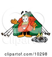 Red Telephone Mascot Cartoon Character Camping With A Tent And Fire