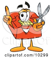Poster, Art Print Of Red Telephone Mascot Cartoon Character Holding A Pair Of Scissors