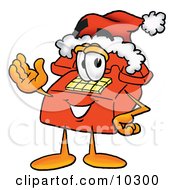 Poster, Art Print Of Red Telephone Mascot Cartoon Character Wearing A Santa Hat And Waving