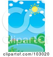 Poster, Art Print Of Yellow Sun In The Sky With Puffy Clouds Over A Pond