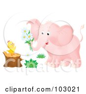 Poster, Art Print Of Pink Airbrushed Elephant Giving Flowers To A Chick On A Stump
