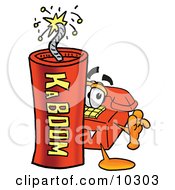 Poster, Art Print Of Red Telephone Mascot Cartoon Character Standing With A Lit Stick Of Dynamite
