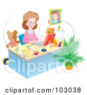 Poster, Art Print Of Cat On A Desk Watching A Woman Work In Her Home Office