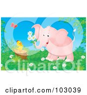 Pink Elephant Holding Flowers By A Chick On A Stump
