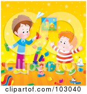 Poster, Art Print Of Stack Of Blocks Falling While Two Boys Play