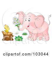 Poster, Art Print Of Pink Elephant Giving Flowers To A Chick On A Stump