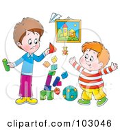 Poster, Art Print Of Stack Of Blocks Tumbling While Two Boys Play