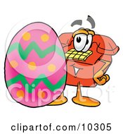 Poster, Art Print Of Red Telephone Mascot Cartoon Character Standing Beside An Easter Egg