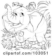 Royalty Free RF Clipart Illustration Of A Coloring Page Outline Of A Boy Riding An Elephant