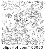 Poster, Art Print Of Coloring Page Outline Of A Boy And Horse Swimming To A Treasure Chest