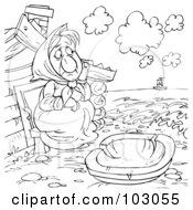 Poster, Art Print Of Coloring Page Outline Of A Poor Woman Watching A Boat