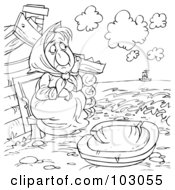 Royalty Free RF Clipart Illustration Of A Coloring Page Outline Of A Poor Woman Watching A Boat