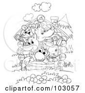 Poster, Art Print Of Coloring Page Outline Of A Wolf Mouse Fox Frog And Rabbit Packed In A Tiny House