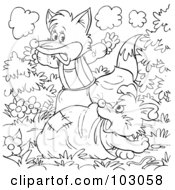Royalty Free RF Clipart Illustration Of A Coloring Page Outline Of A Female Fox Waking A Dog