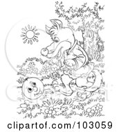 Royalty Free RF Clipart Illustration Of A Coloring Page Outline Of A Wolf Chasing A Happy Ball