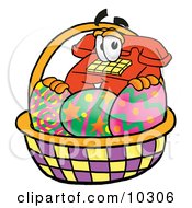 Poster, Art Print Of Red Telephone Mascot Cartoon Character In An Easter Basket Full Of Decorated Easter Eggs