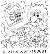 Poster, Art Print Of Coloring Page Outline Of Puss In Boots Watching A Man Eat Through A Window