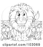 Poster, Art Print Of Coloring Page Outline Of A Lion In A Tulip Field