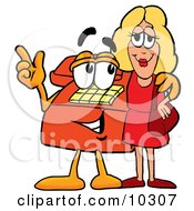 Red Telephone Mascot Cartoon Character Talking To A Pretty Blond Woman by Mascot Junction