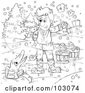 Royalty Free RF Clipart Illustration Of A Coloring Page Outline Of A Boy Talking To A Fish