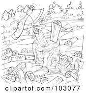 Royalty Free RF Clipart Illustration Of A Coloring Page Outline Of An Ax Chopping Wood by Alex Bannykh