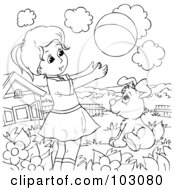Royalty Free RF Clipart Illustration Of A Coloring Page Outline Of A Girl And Puppy Playing With A Ball
