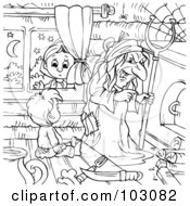 Royalty Free RF Clipart Illustration Of A Coloring Page Outline Of A Girl Peeking In A Window At A Boy And Witch