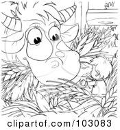 Poster, Art Print Of Coloring Page Outline Of A Tiny Boy By An Eating Cow