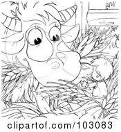 Royalty Free RF Clipart Illustration Of A Coloring Page Outline Of A Tiny Boy By An Eating Cow