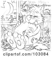 Royalty Free RF Clipart Illustration Of A Coloring Page Outline Of A Boy Watching A Fat Wolf With Bird Feathers