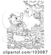 Royalty Free RF Clipart Illustration Of A Coloring Page Outline Of A Fox Watching A Happy Ball
