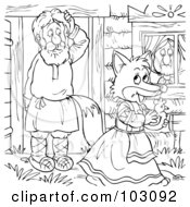 Royalty Free RF Clipart Illustration Of A Coloring Page Outline Of A Female Fox Walking Away From A Man