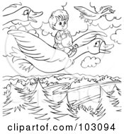 Royalty Free RF Clipart Illustration Of A Coloring Page Outline Of A Boy Flying On A Goose