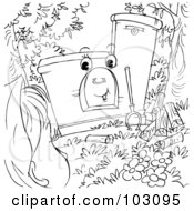 Royalty Free RF Clipart Illustration Of A Coloring Page Outline Of A Girl Facing A Friendly Oven
